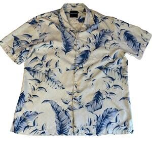Tommy Bahama Tropical Hawaiian Men's White & Blue Print Silk Button Up Shirt Lg